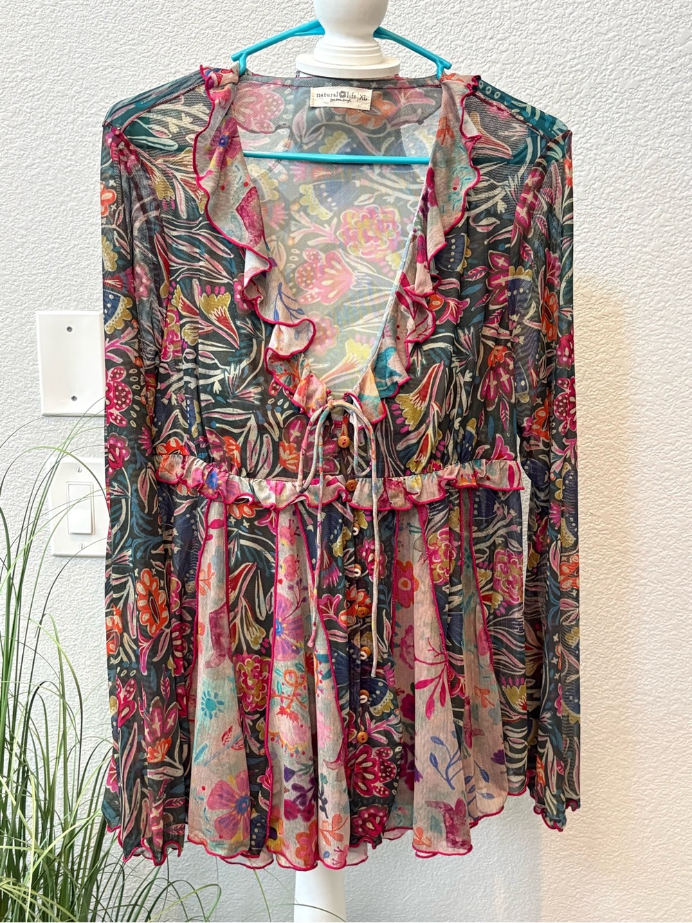 NATURAL LIFE Sheer Floral Ruffle Tie-Front Tunic - Navy Multi